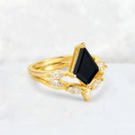 Kite Cut Black Onyx Leaf Chevron Bridal Ring Set - Rose-Gold
