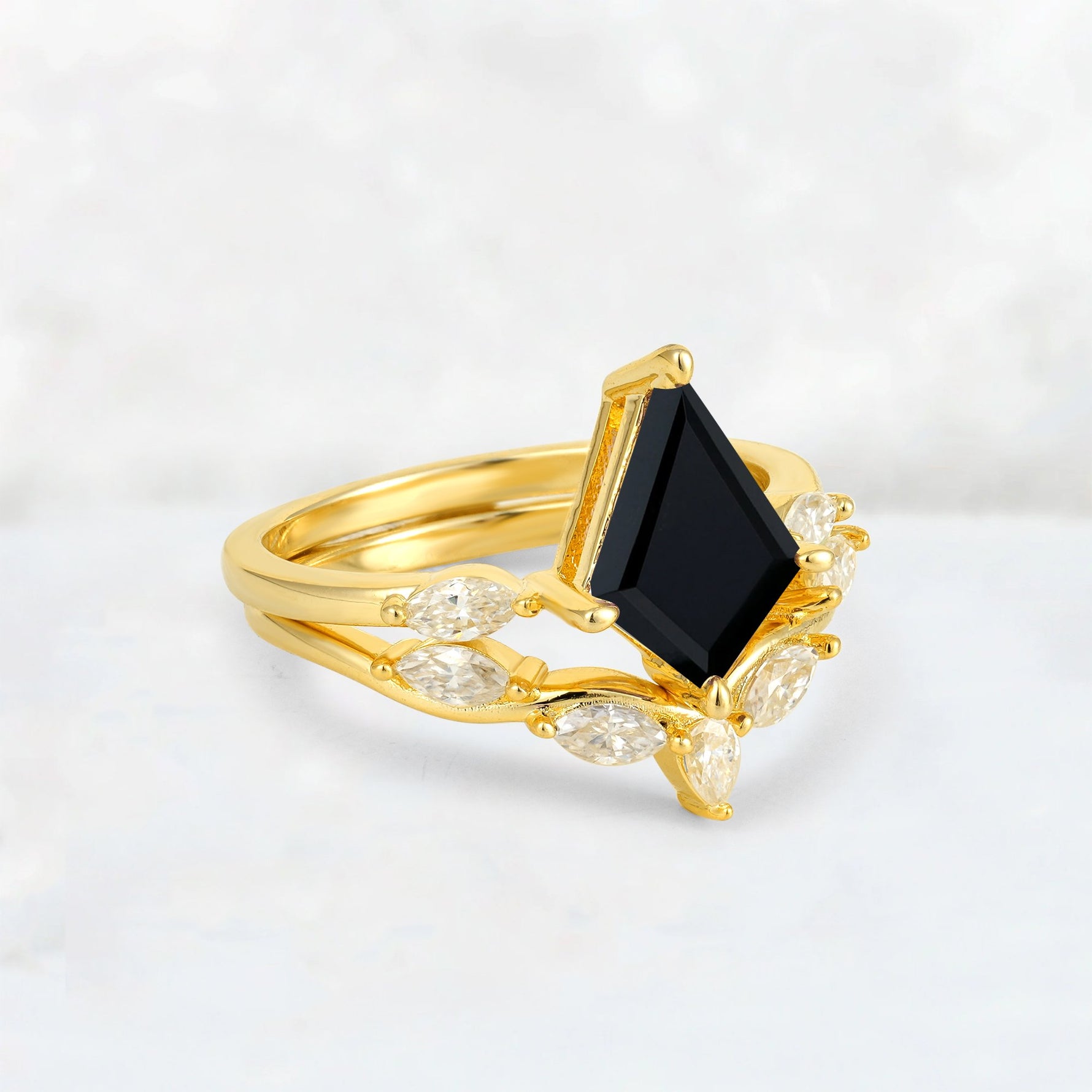 Kite Cut Black Onyx Leaf Chevron Bridal Ring Set - Rose-Gold