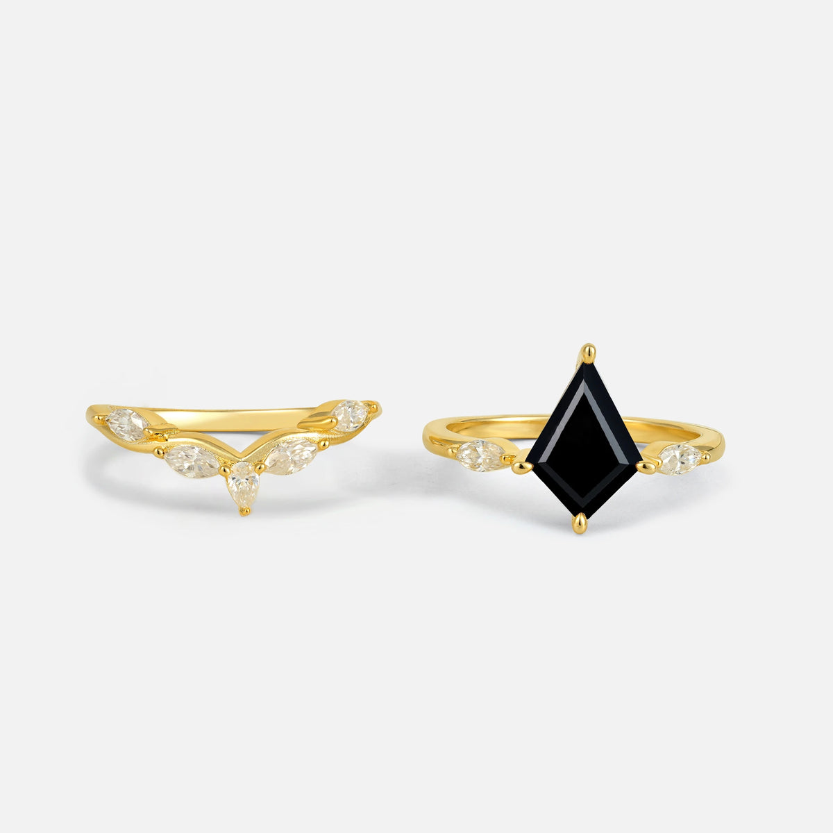 Kite Cut Black Onyx Leaf Chevron Bridal Ring Set - White-Gold