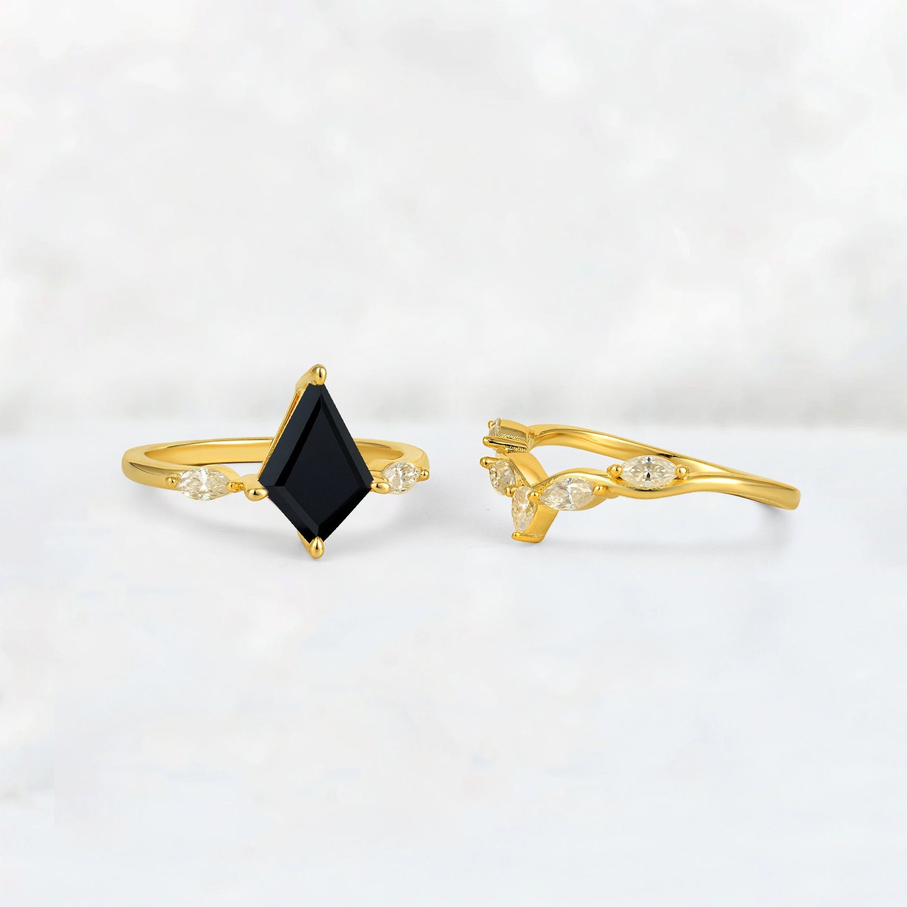 Kite Cut Black Onyx Leaf Chevron Bridal Ring Set - Additional view