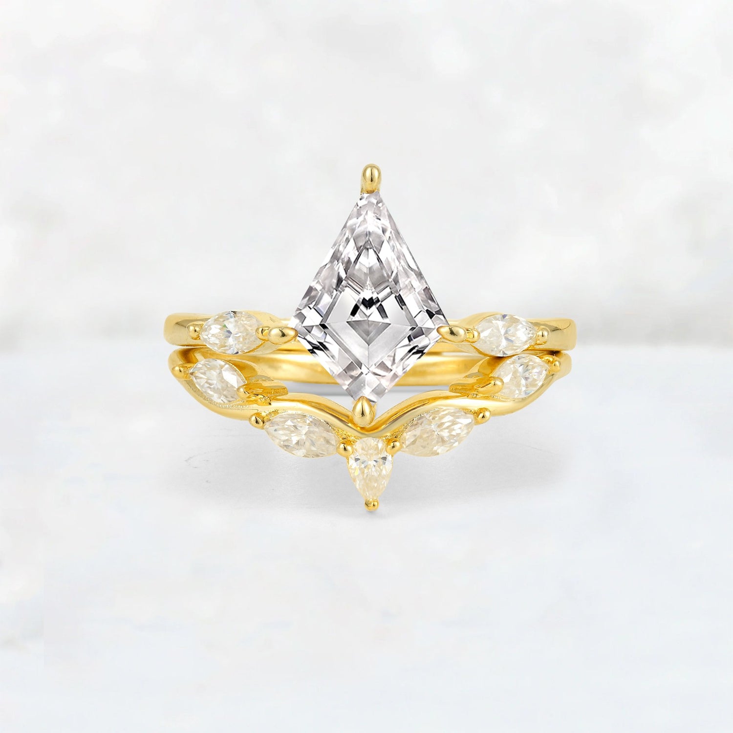Kite Cut Lab Diamond Leaf Chevron Bridal Ring Set - Yellow-Gold