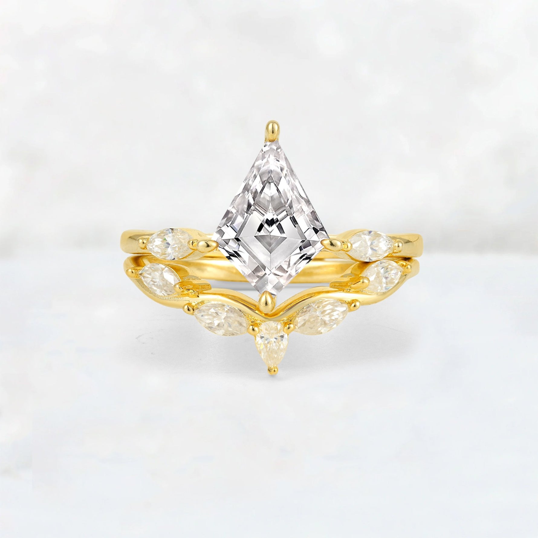 Kite Cut Lab Diamond Leaf Chevron Bridal Ring Set - Yellow-Gold