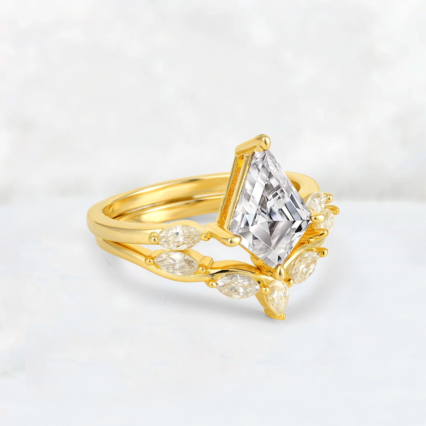Kite Cut Lab Diamond Leaf Chevron Bridal Ring Set - Rose-Gold