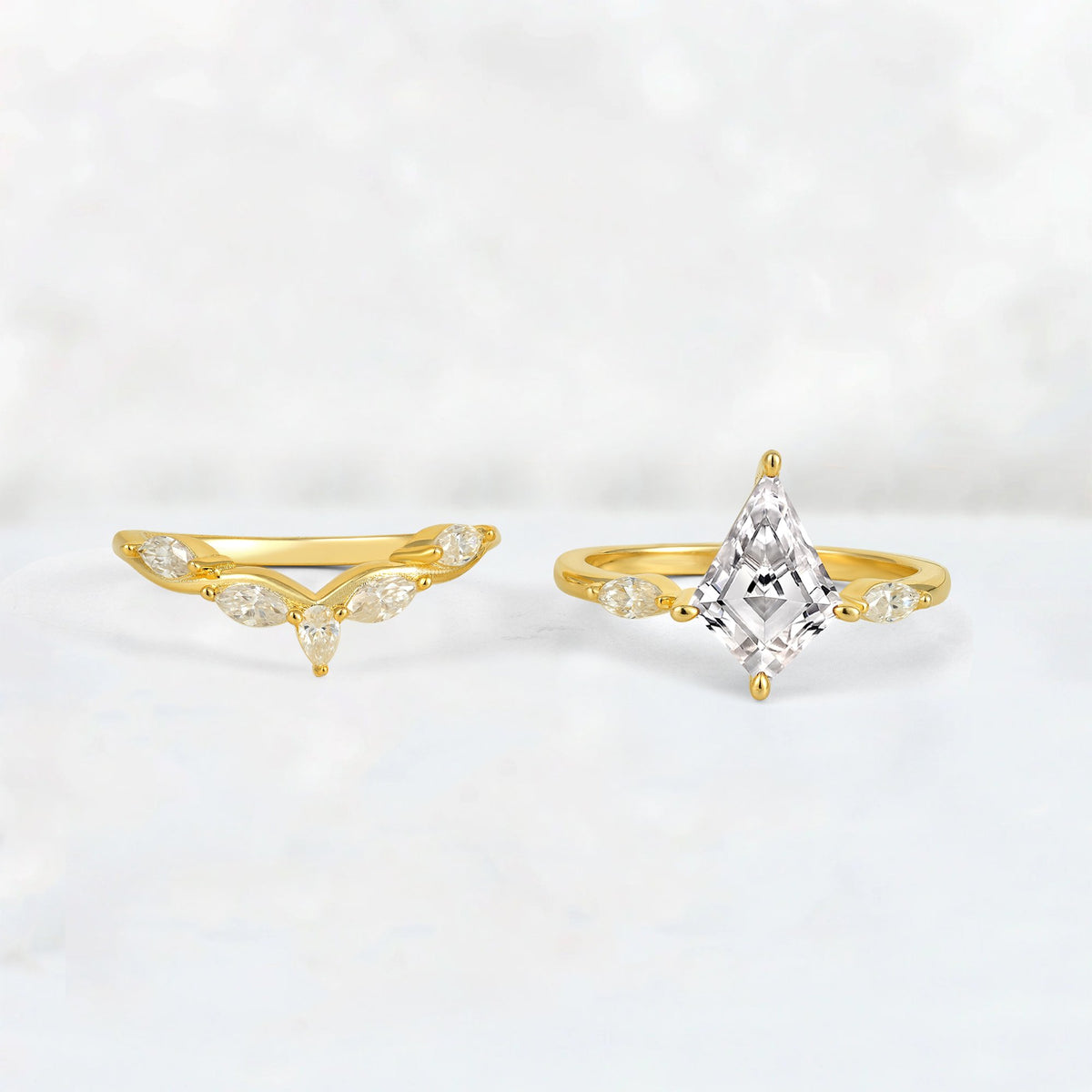 Kite Cut Lab Diamond Leaf Chevron Bridal Ring Set - White-Gold