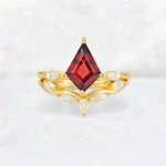 Kite Cut Garnet Leaf Chevron Bridal Ring Set - Yellow-Gold