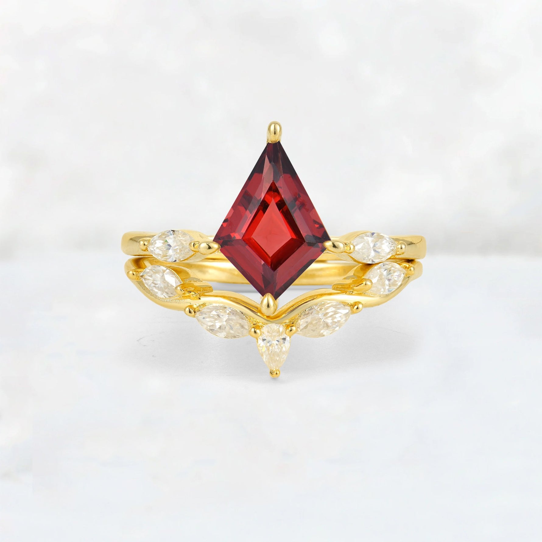 Kite Cut Garnet Leaf Chevron Bridal Ring Set - Yellow-Gold