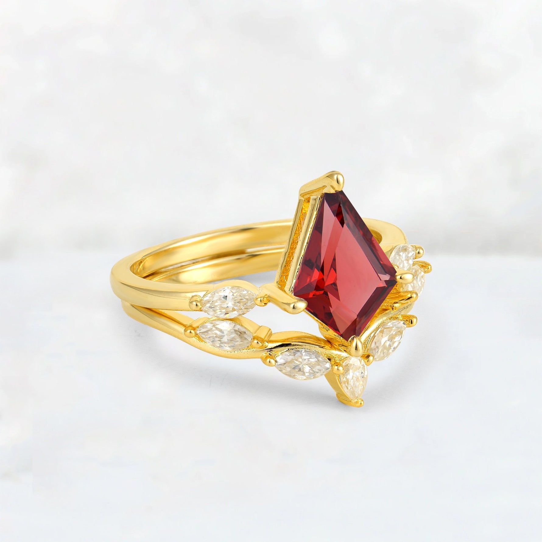 Kite Cut Garnet Leaf Chevron Bridal Ring Set - Rose-Gold