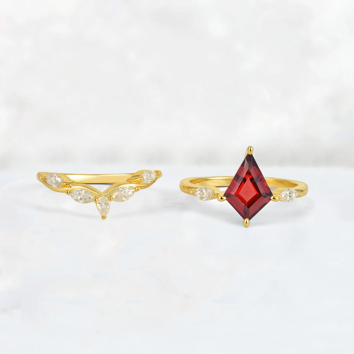 Kite Cut Garnet Leaf Chevron Bridal Ring Set - White-Gold