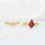 Kite Cut Garnet Leaf Chevron Bridal Ring Set - White-Gold