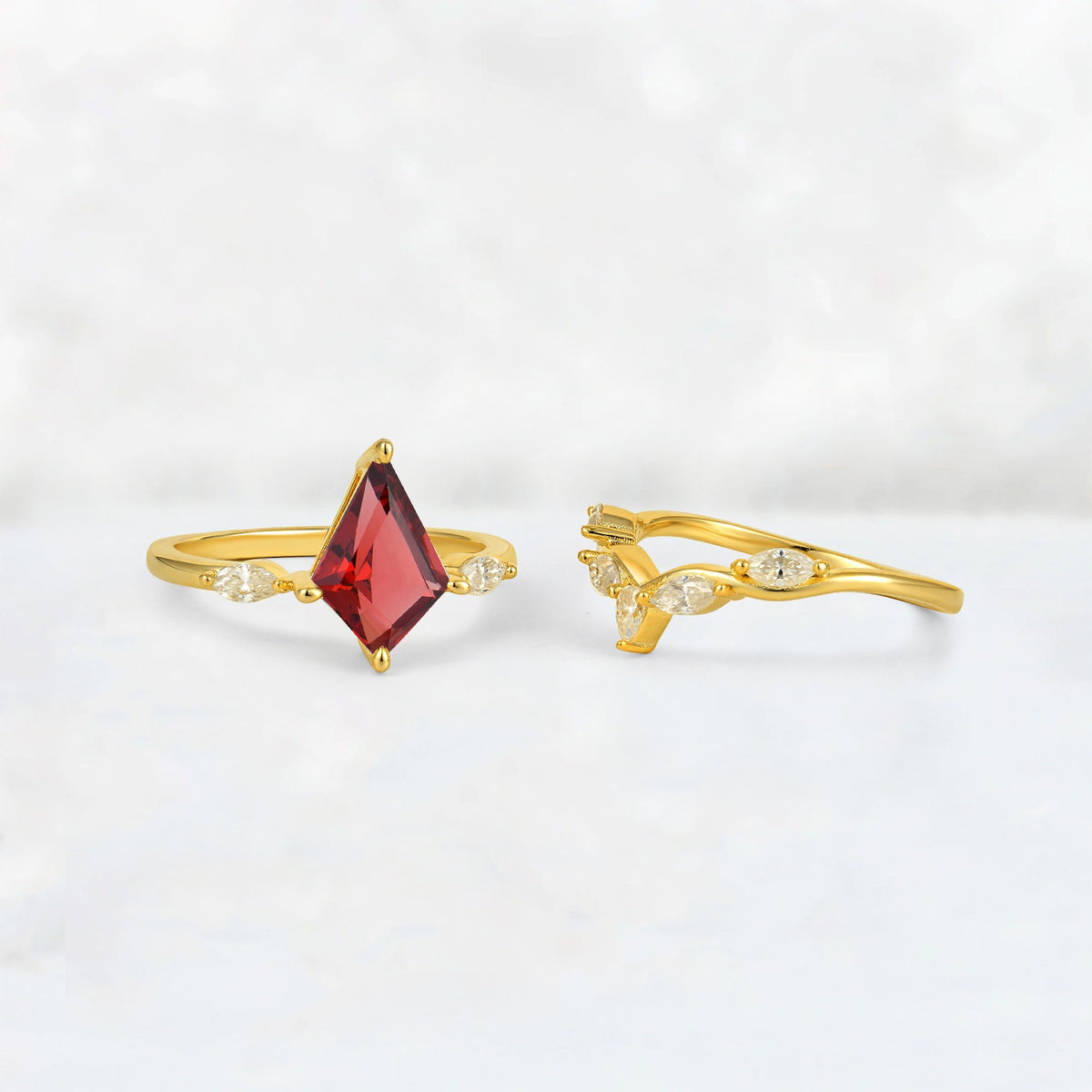 Kite Cut Garnet Leaf Chevron Bridal Ring Set - Additional view