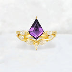 Kite Cut Amethyst Leaf Chevron Bridal Ring Set - Yellow-Gold