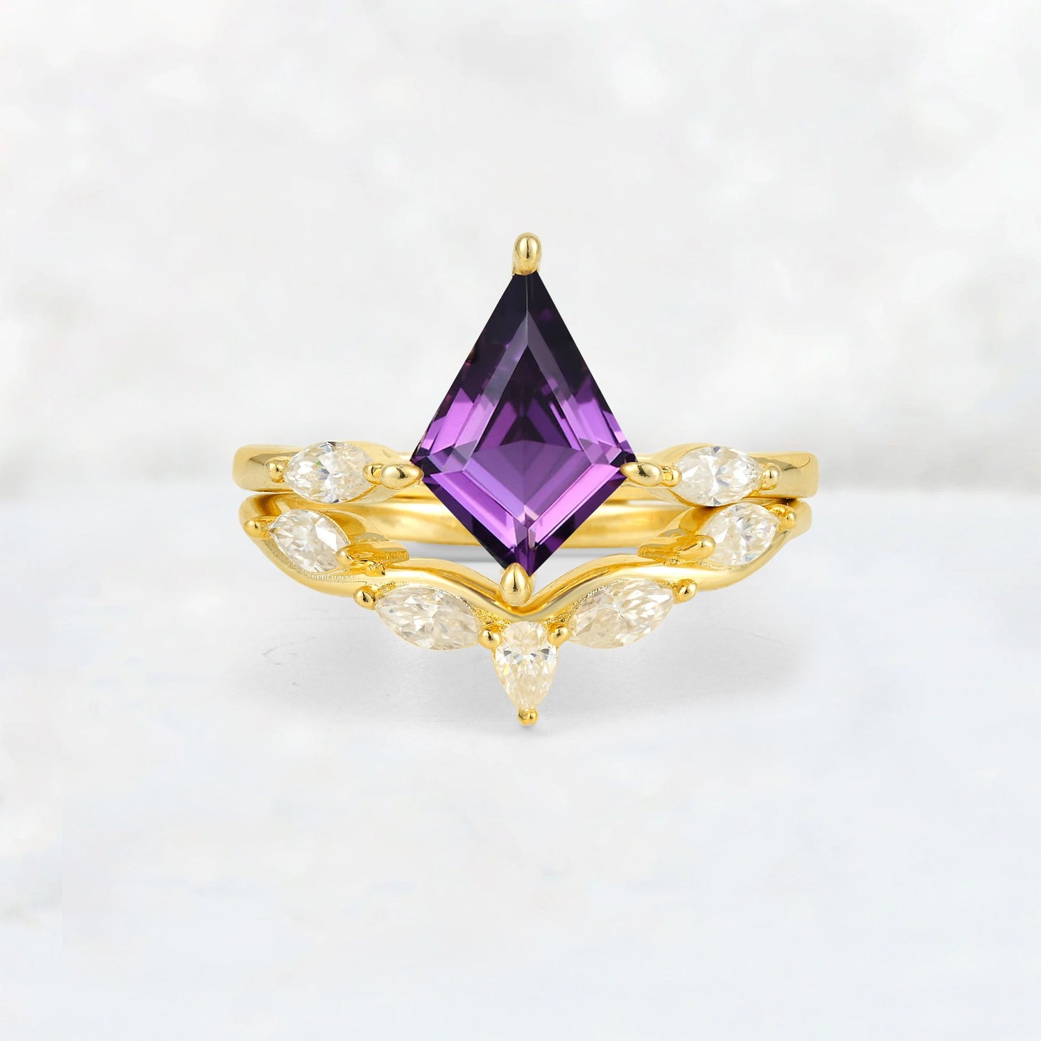 Kite Cut Amethyst Leaf Chevron Bridal Ring Set - Yellow-Gold