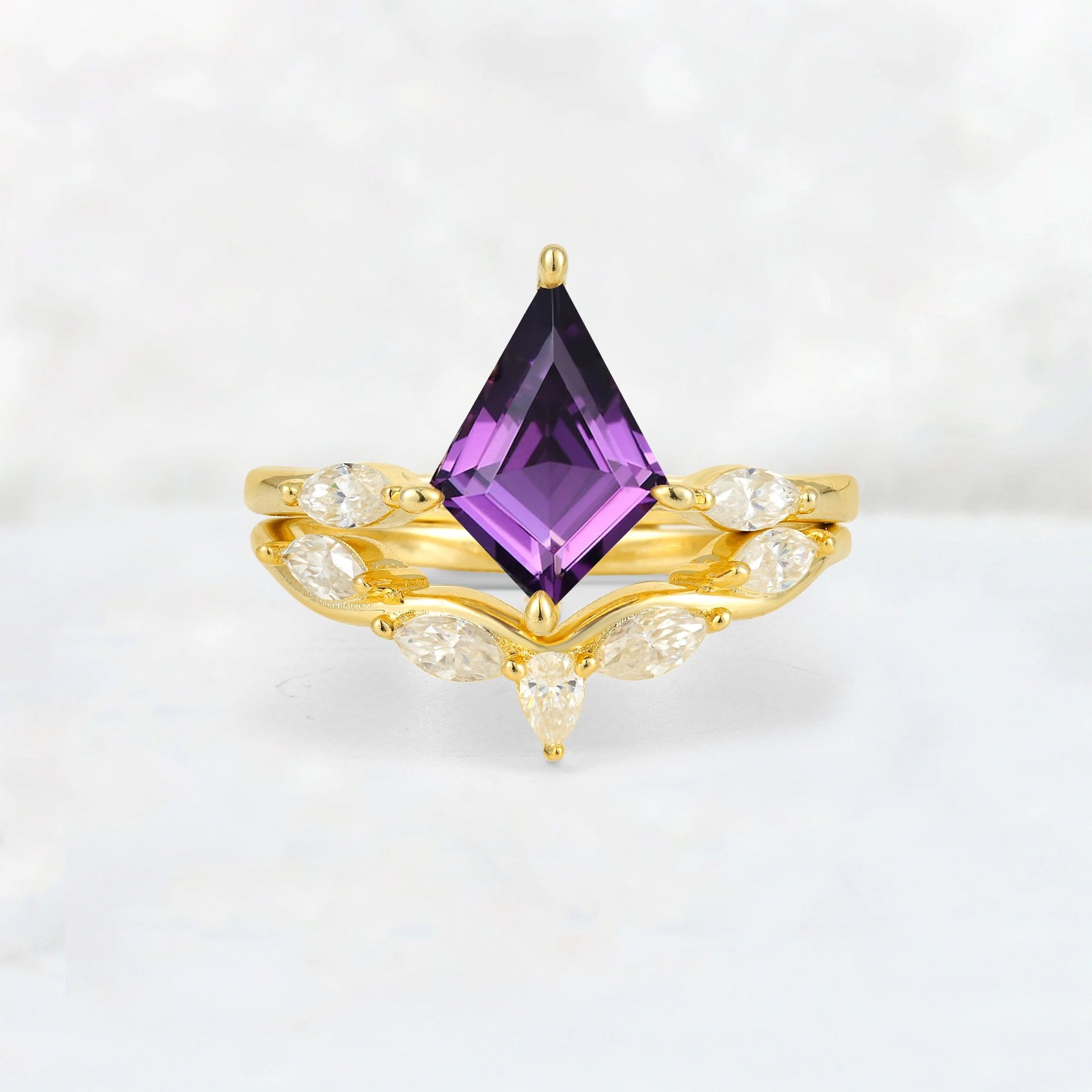Kite Cut Amethyst Leaf Chevron Bridal Ring Set - Yellow-Gold