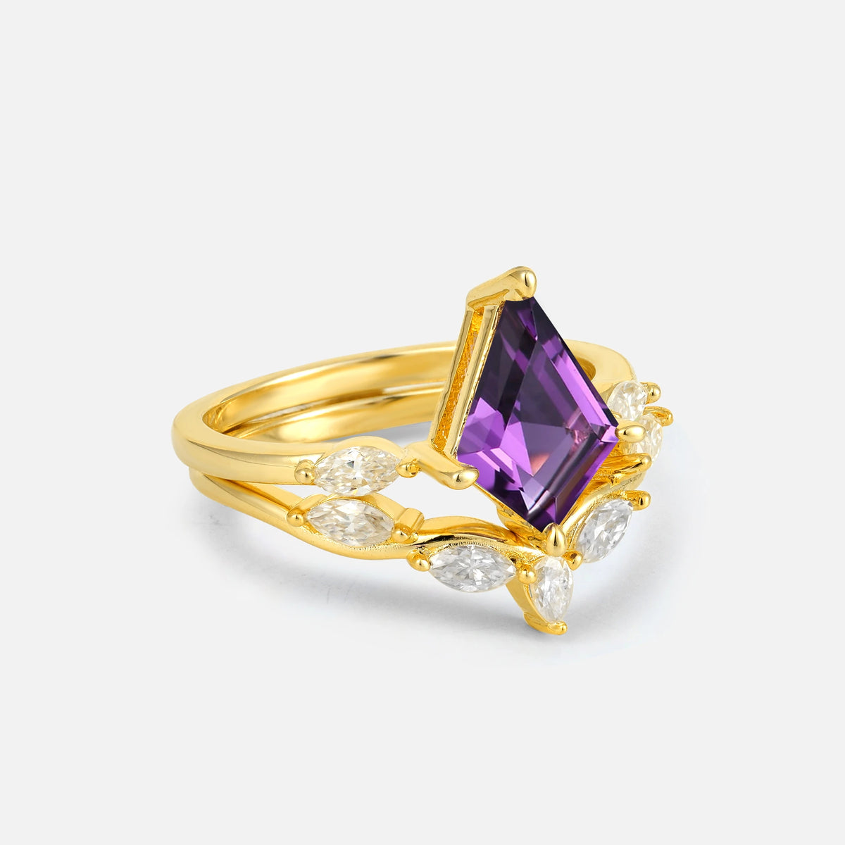 Kite Cut Amethyst Leaf Chevron Bridal Ring Set - Rose-Gold
