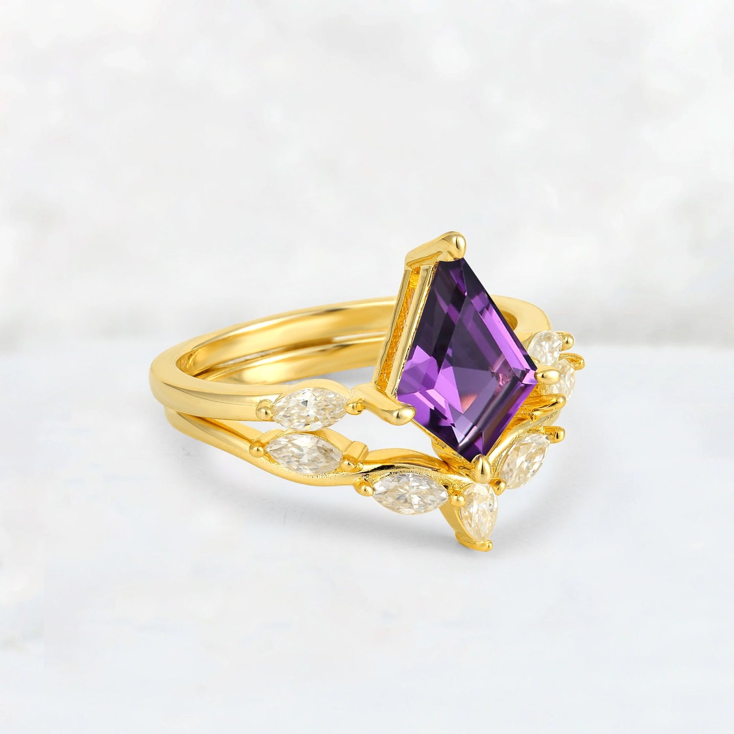 Kite Cut Amethyst Leaf Chevron Bridal Ring Set - Rose-Gold