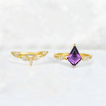 Kite Cut Amethyst Leaf Chevron Bridal Ring Set - White-Gold