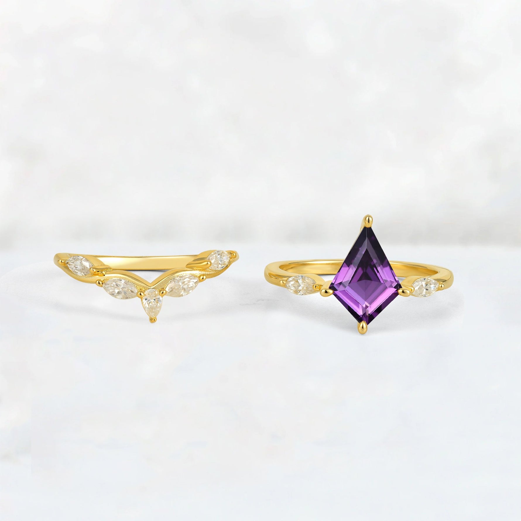 Kite Cut Amethyst Leaf Chevron Bridal Ring Set - White-Gold