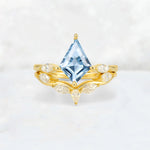 Kite Cut Aquamarine Leaf Chevron Bridal Ring Set - Yellow-Gold