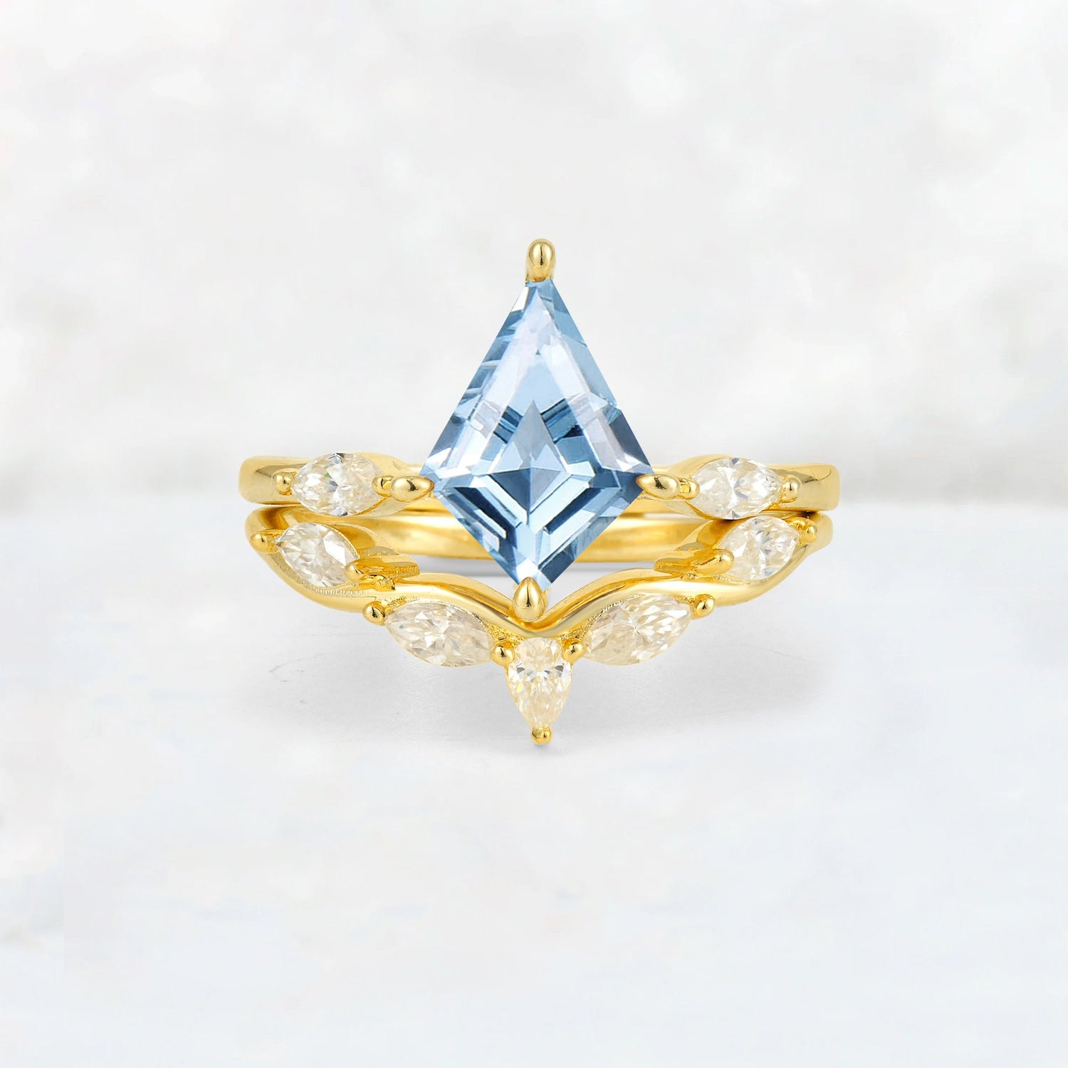 Kite Cut Aquamarine Leaf Chevron Bridal Ring Set - Yellow-Gold