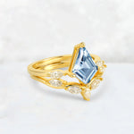Kite Cut Aquamarine Leaf Chevron Bridal Ring Set - Rose-Gold