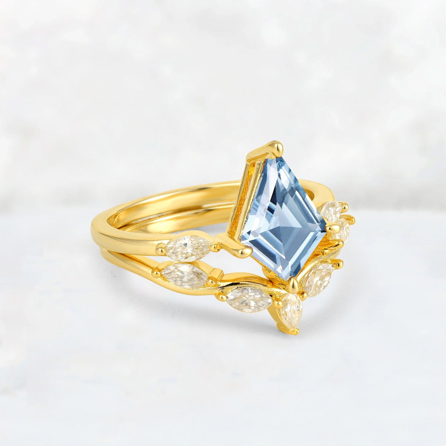 Kite Cut Aquamarine Leaf Chevron Bridal Ring Set - Rose-Gold