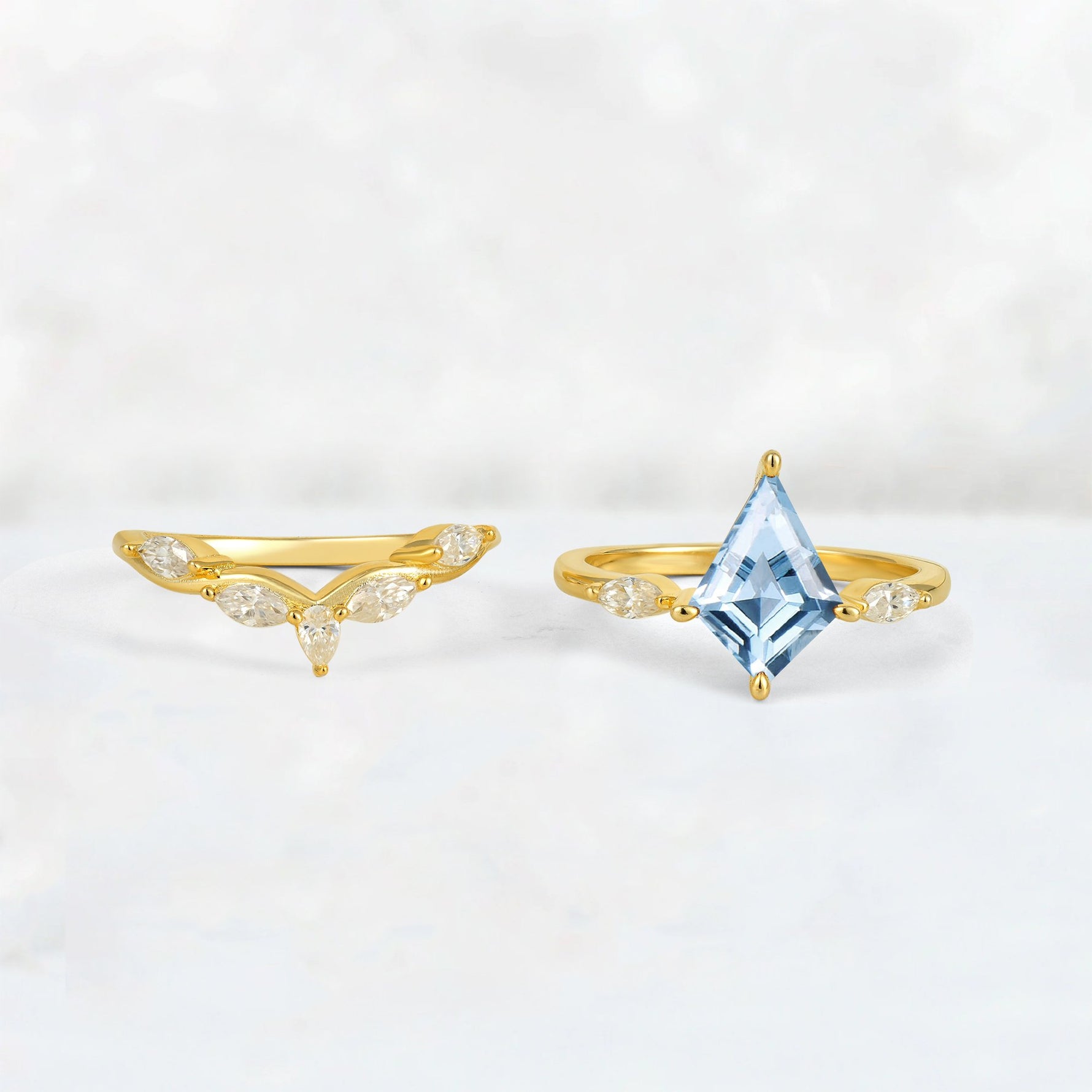 Kite Cut Aquamarine Leaf Chevron Bridal Ring Set - White-Gold
