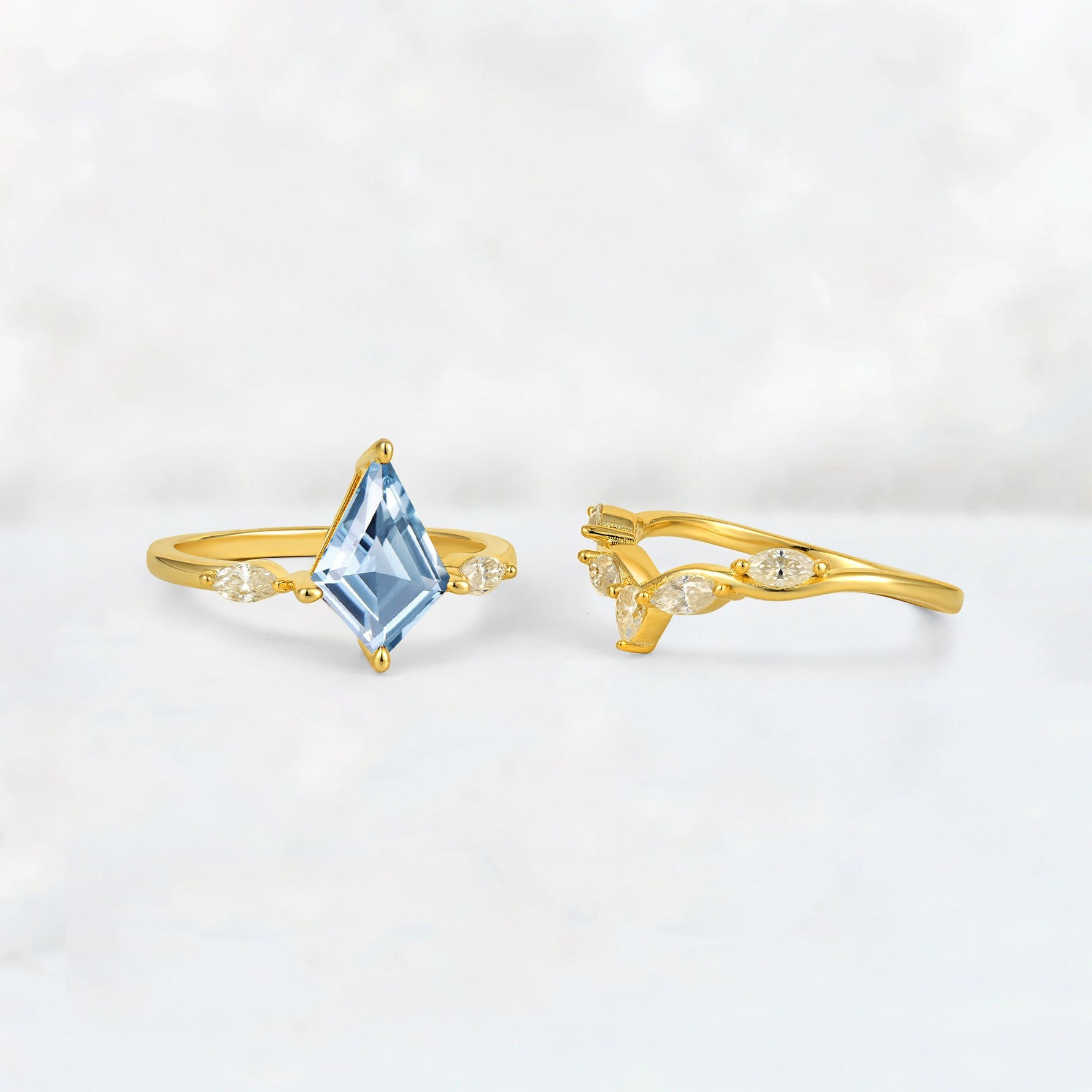Kite Cut Aquamarine Leaf Chevron Bridal Ring Set - Additional view