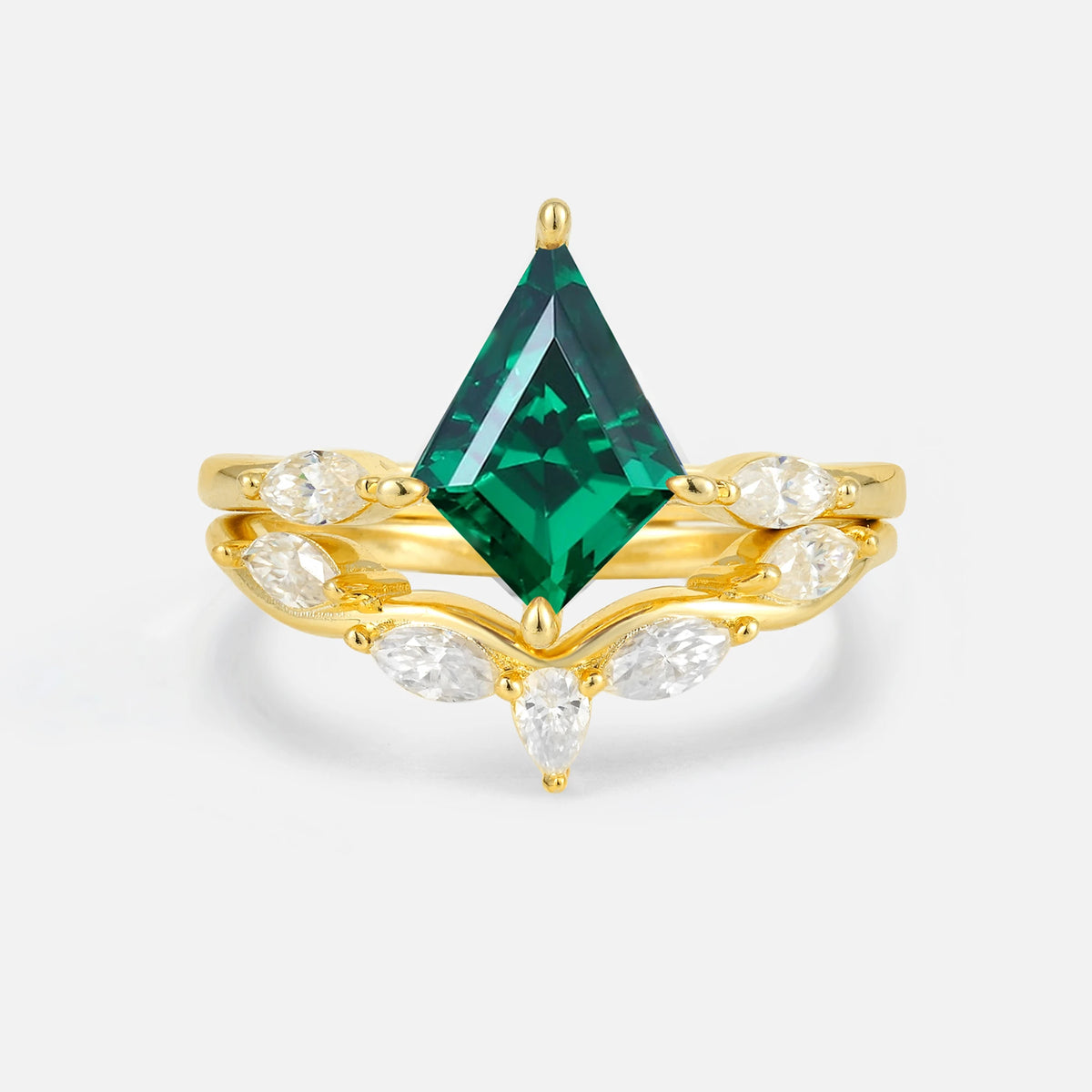 Kite Cut Emerald Leaf Chevron Bridal Ring Set - Yellow-Gold