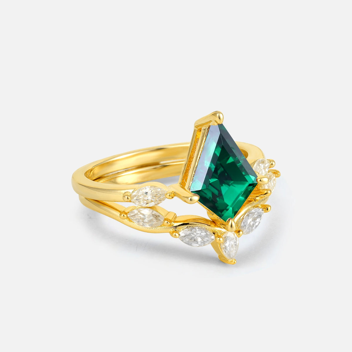 Kite Cut Emerald Leaf Chevron Bridal Ring Set - Rose-Gold