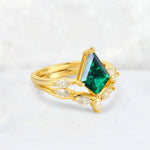Kite Cut Emerald Leaf Chevron Bridal Ring Set - Rose-Gold