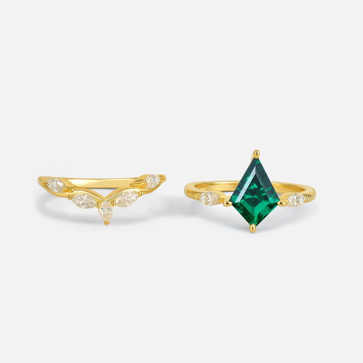 Kite Cut Emerald Leaf Chevron Bridal Ring Set - White-Gold