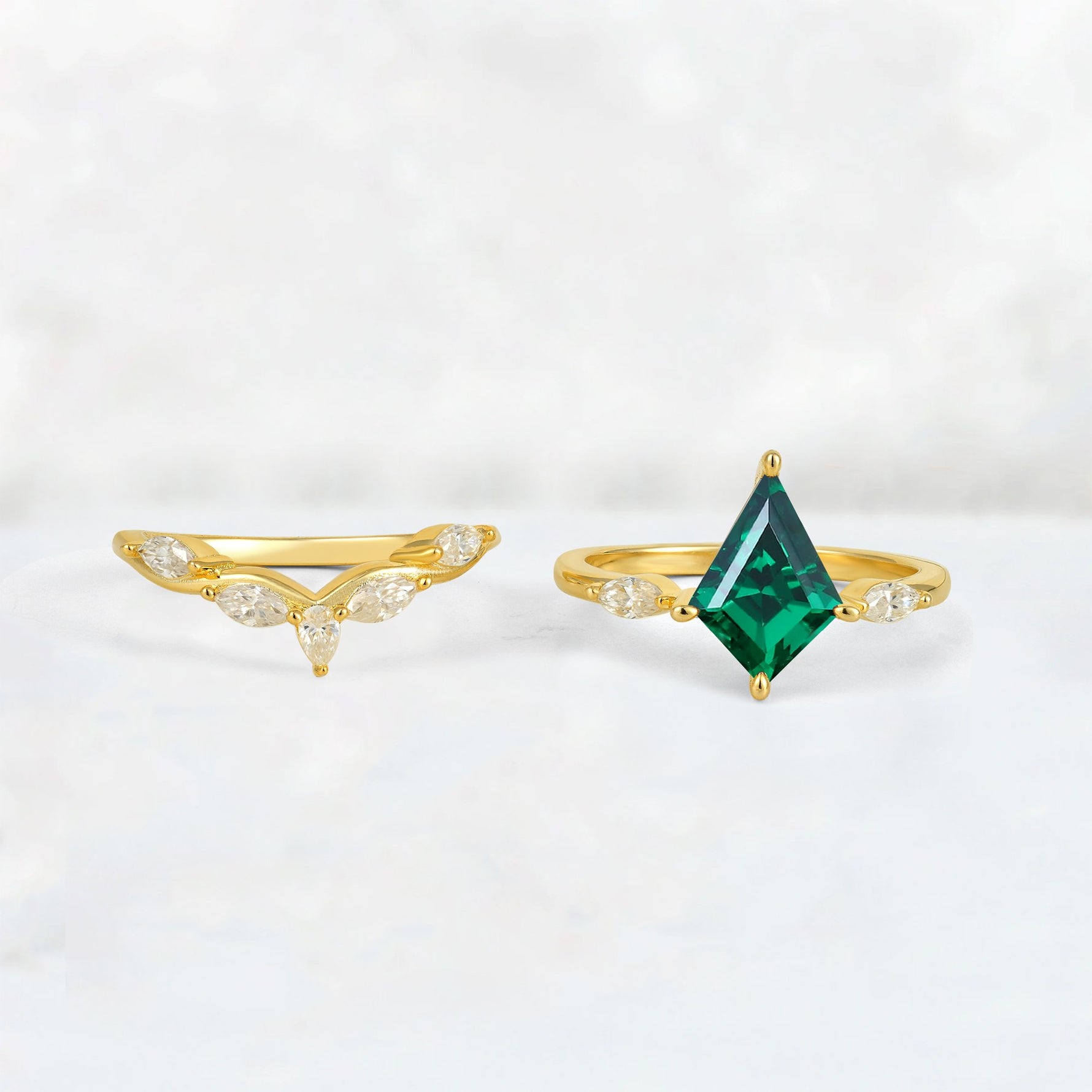 Kite Cut Emerald Leaf Chevron Bridal Ring Set - White-Gold