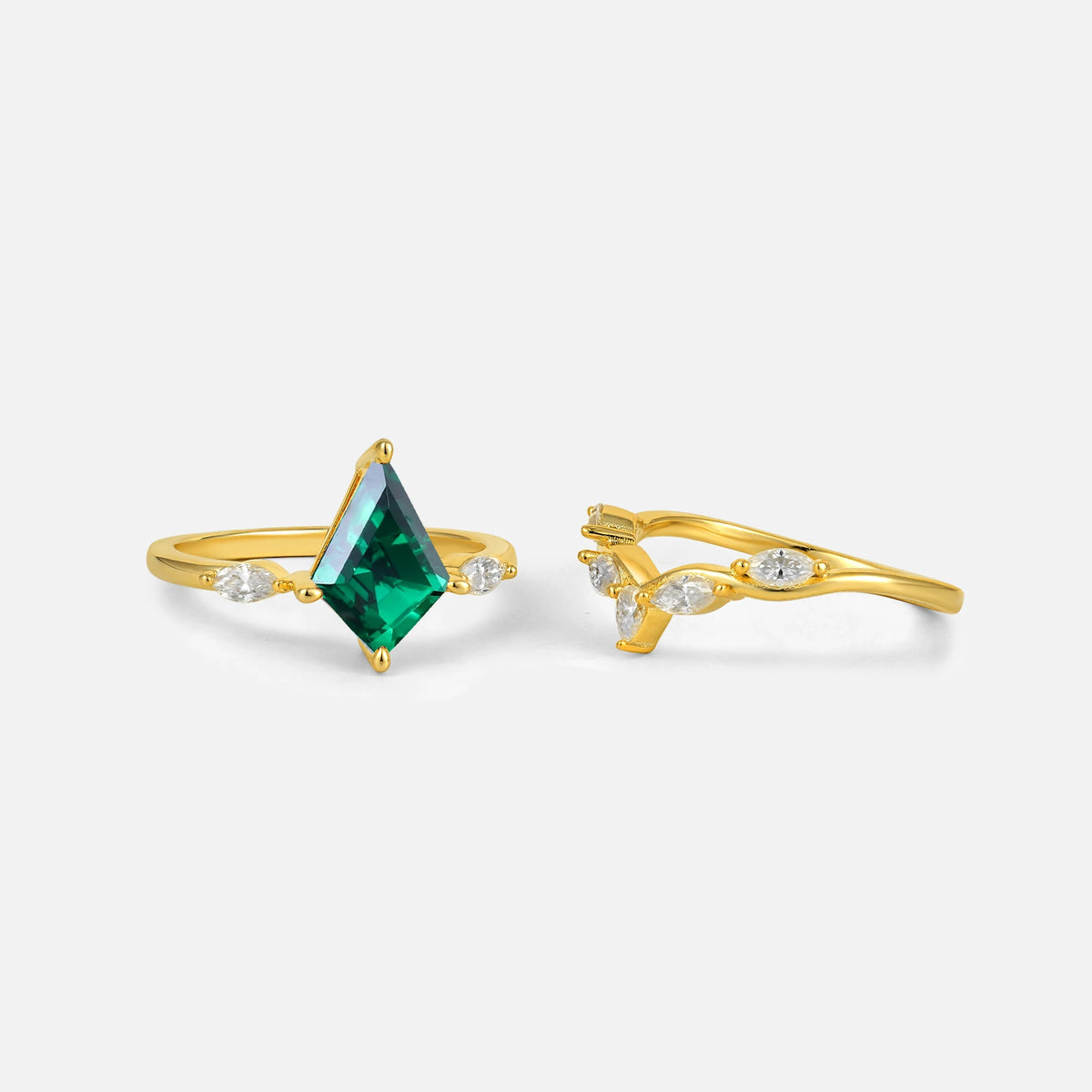 Kite Cut Emerald Leaf Chevron Bridal Ring Set - Additional view