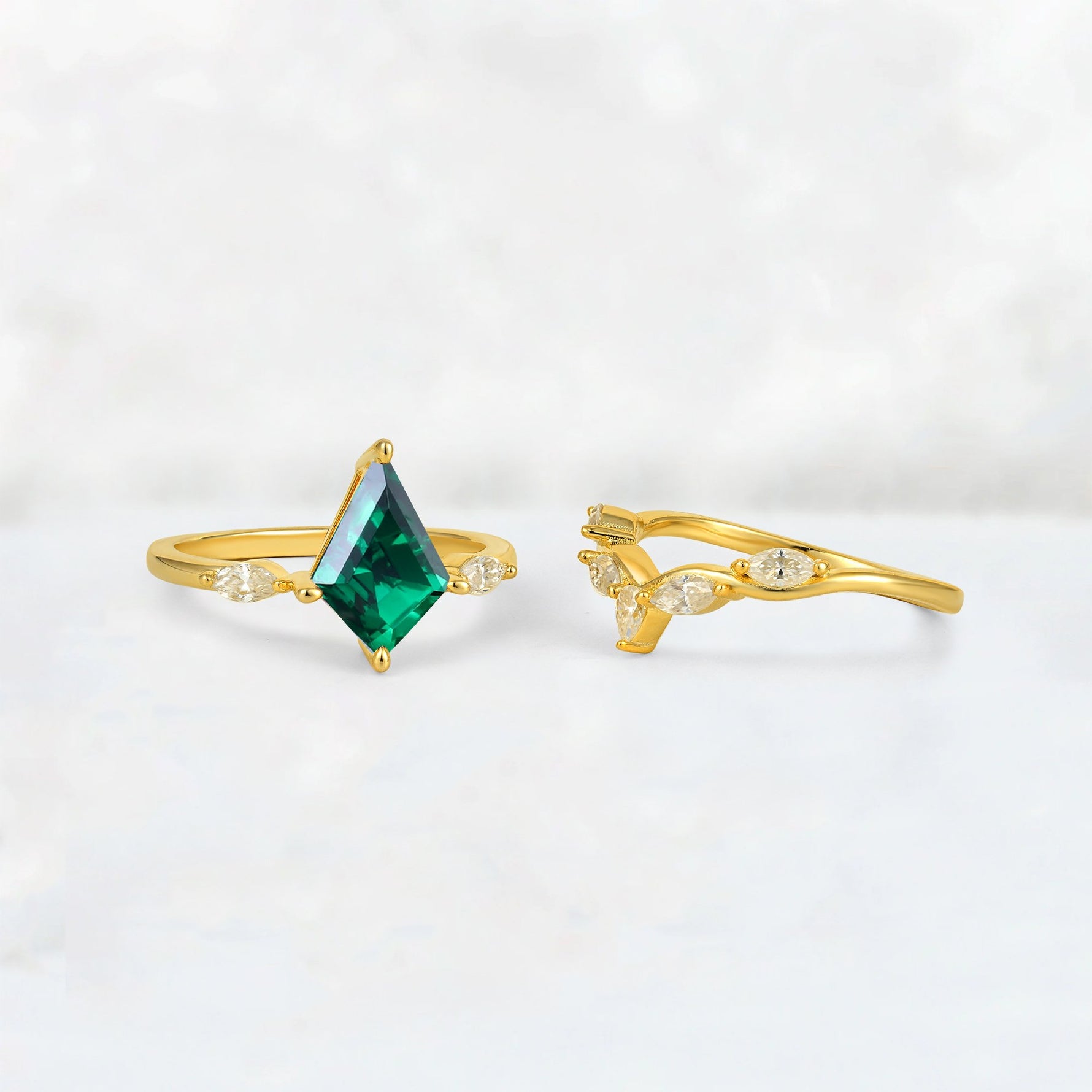 Kite Cut Emerald Leaf Chevron Bridal Ring Set - Additional view