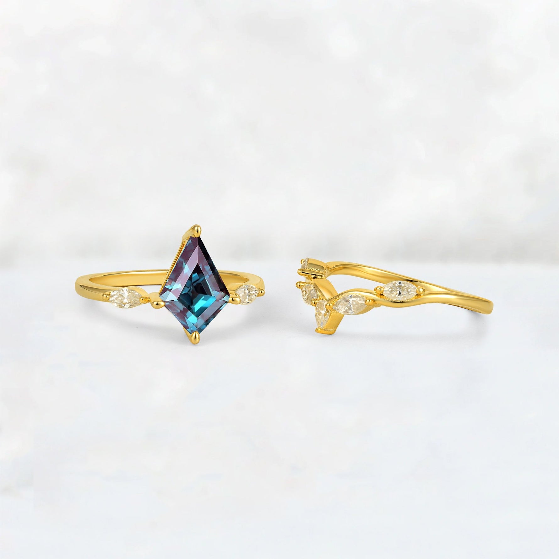 Kite Cut Alexandrite Leaf Chevron Bridal Ring Set - Additional view