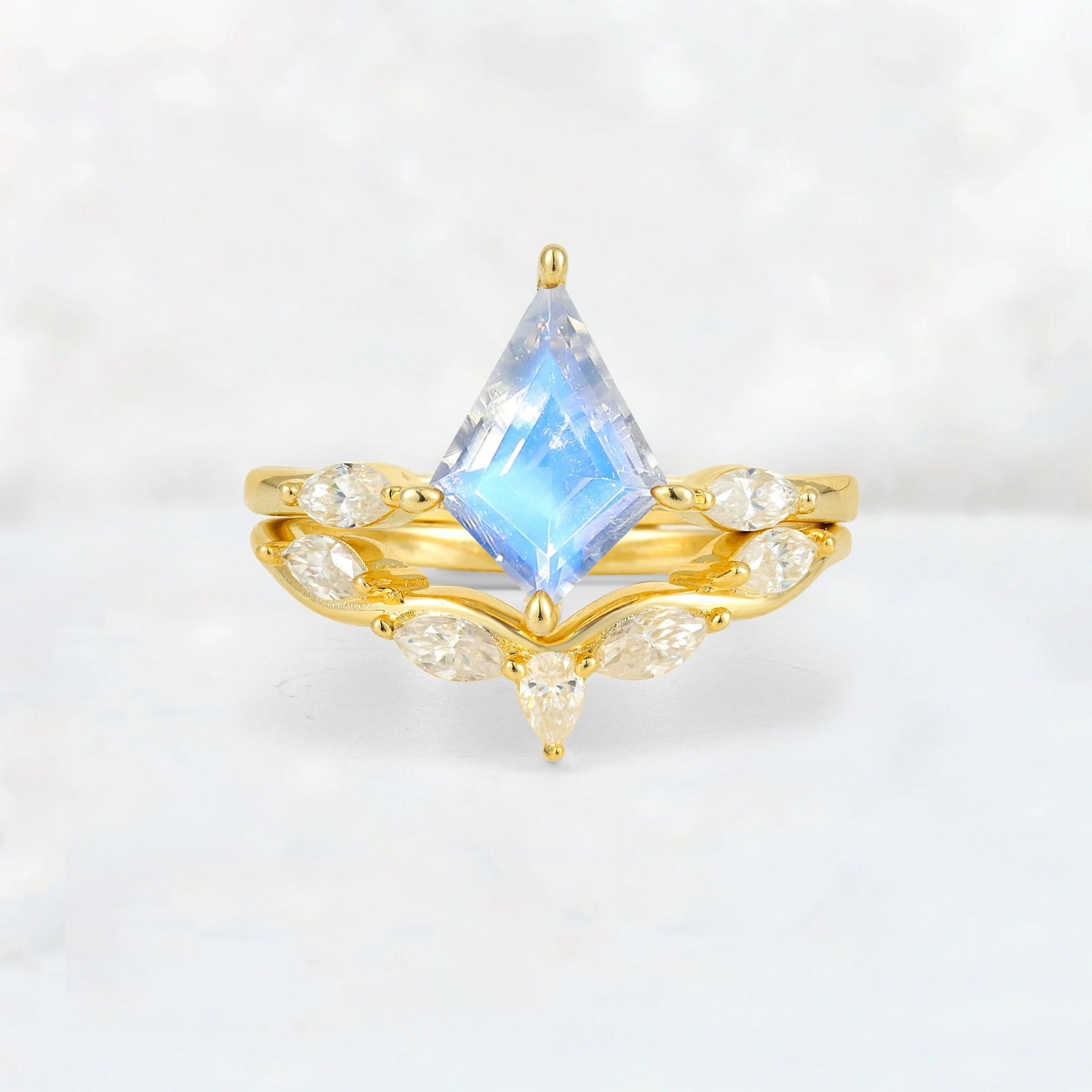 Kite Cut Moonstone Leaf Chevron Bridal Ring Set - Yellow-Gold