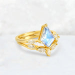 Kite Cut Moonstone Leaf Chevron Bridal Ring Set - Rose-Gold