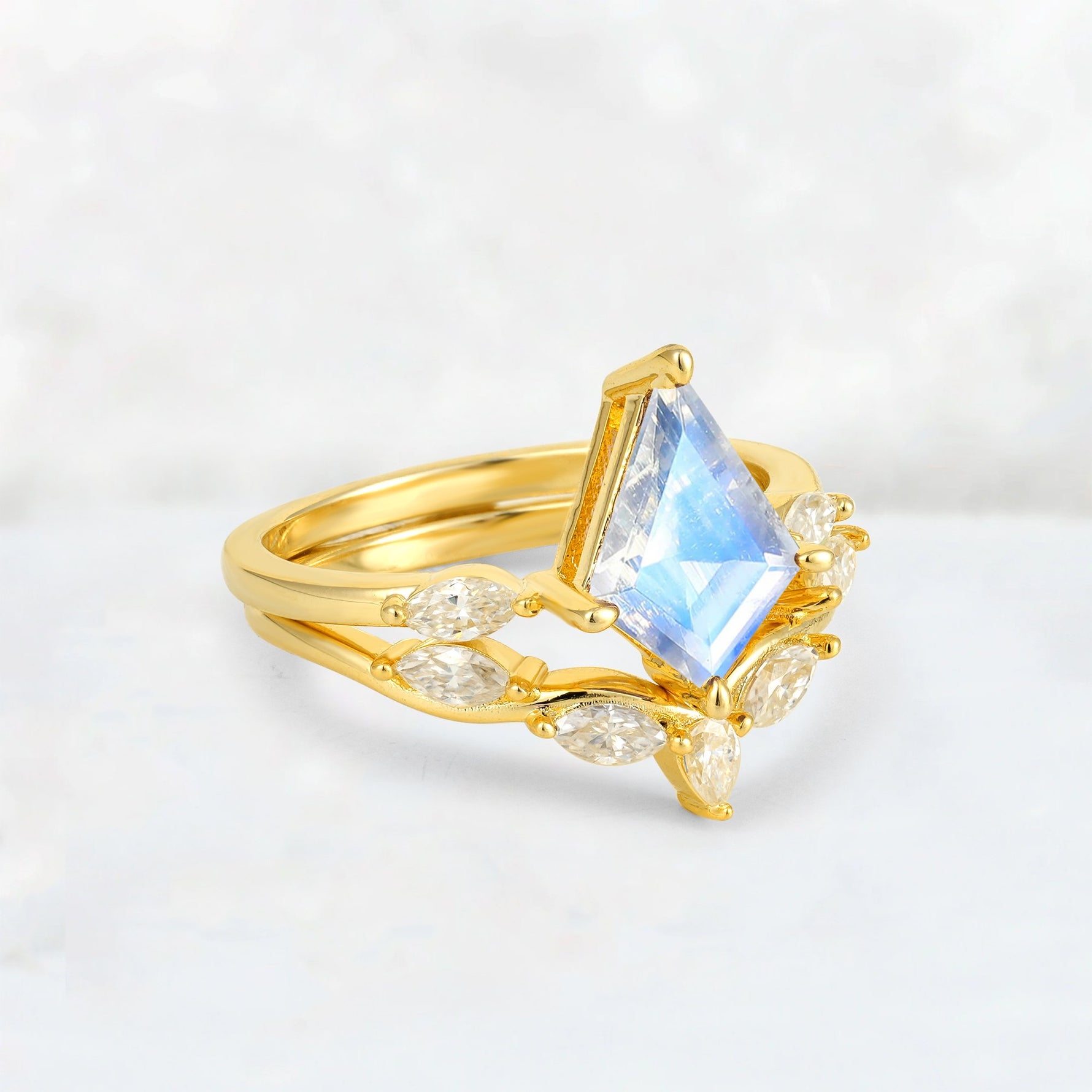 Kite Cut Moonstone Leaf Chevron Bridal Ring Set - Rose-Gold