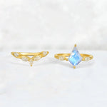 Kite Cut Moonstone Leaf Chevron Bridal Ring Set - White-Gold