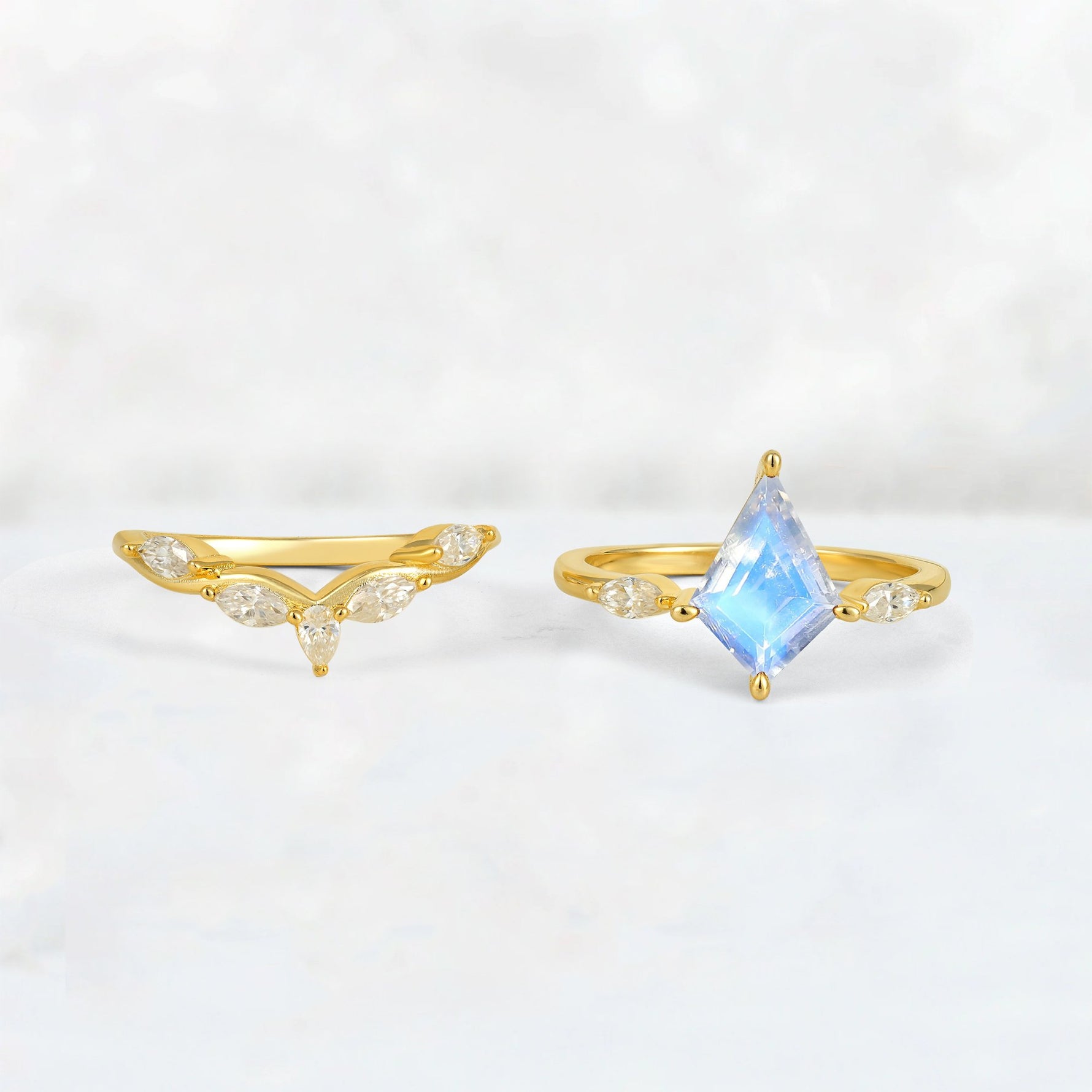 Kite Cut Moonstone Leaf Chevron Bridal Ring Set - White-Gold