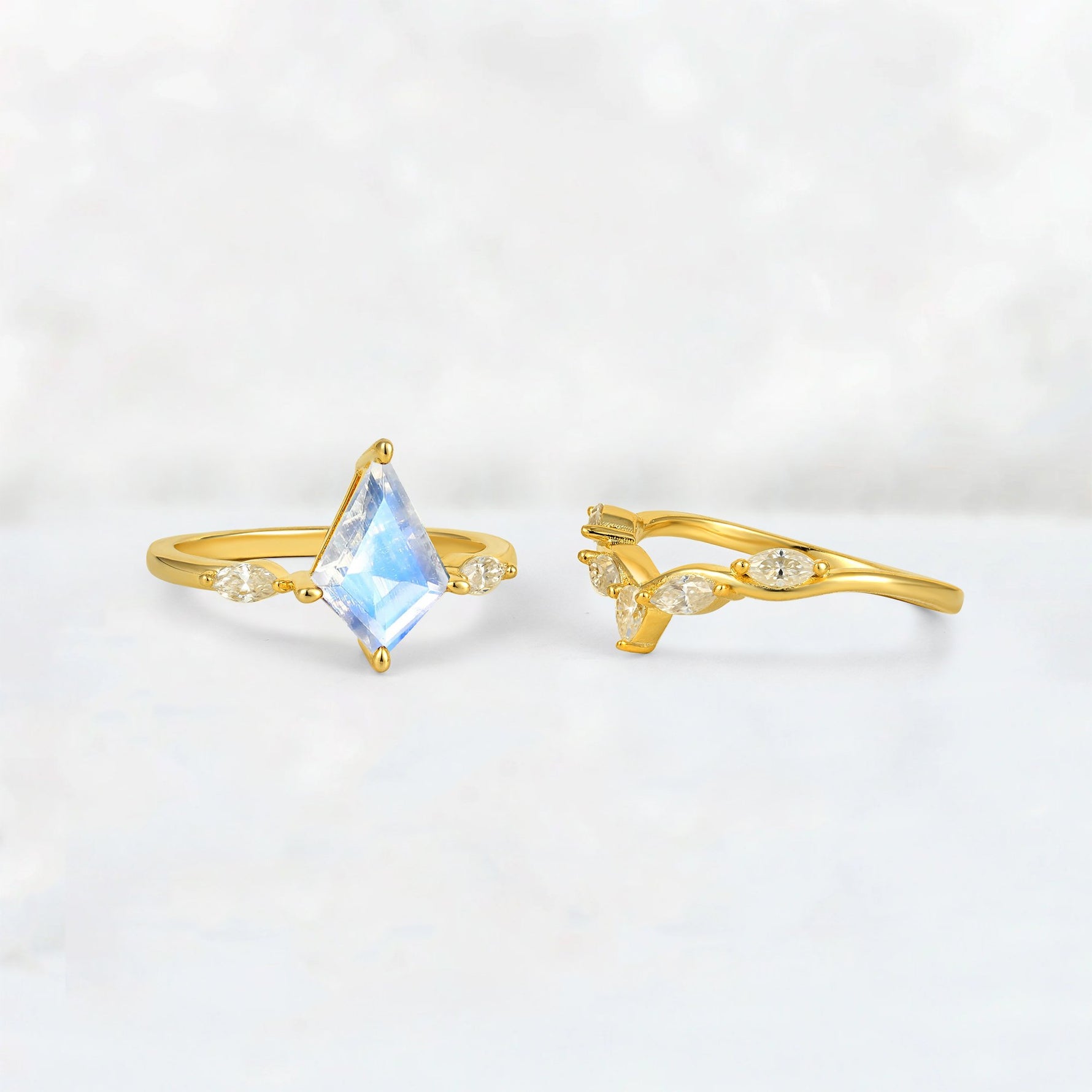 Kite Cut Moonstone Leaf Chevron Bridal Ring Set - Additional view