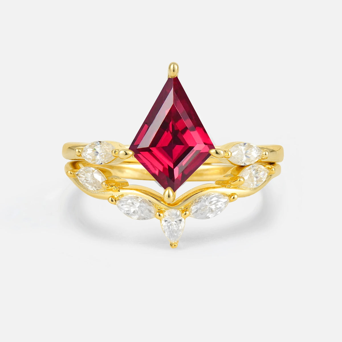 Kite Cut Ruby Leaf Chevron Bridal Ring Set - Yellow-Gold
