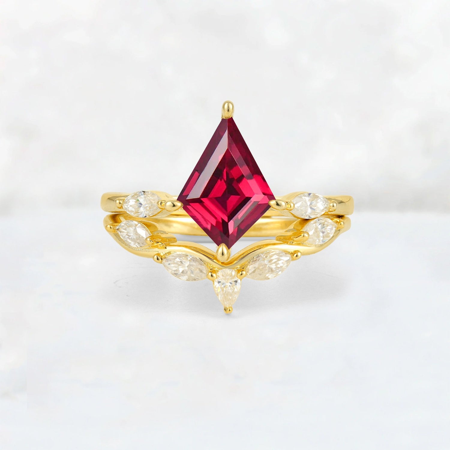 Kite Cut Ruby Leaf Chevron Bridal Ring Set - Yellow-Gold
