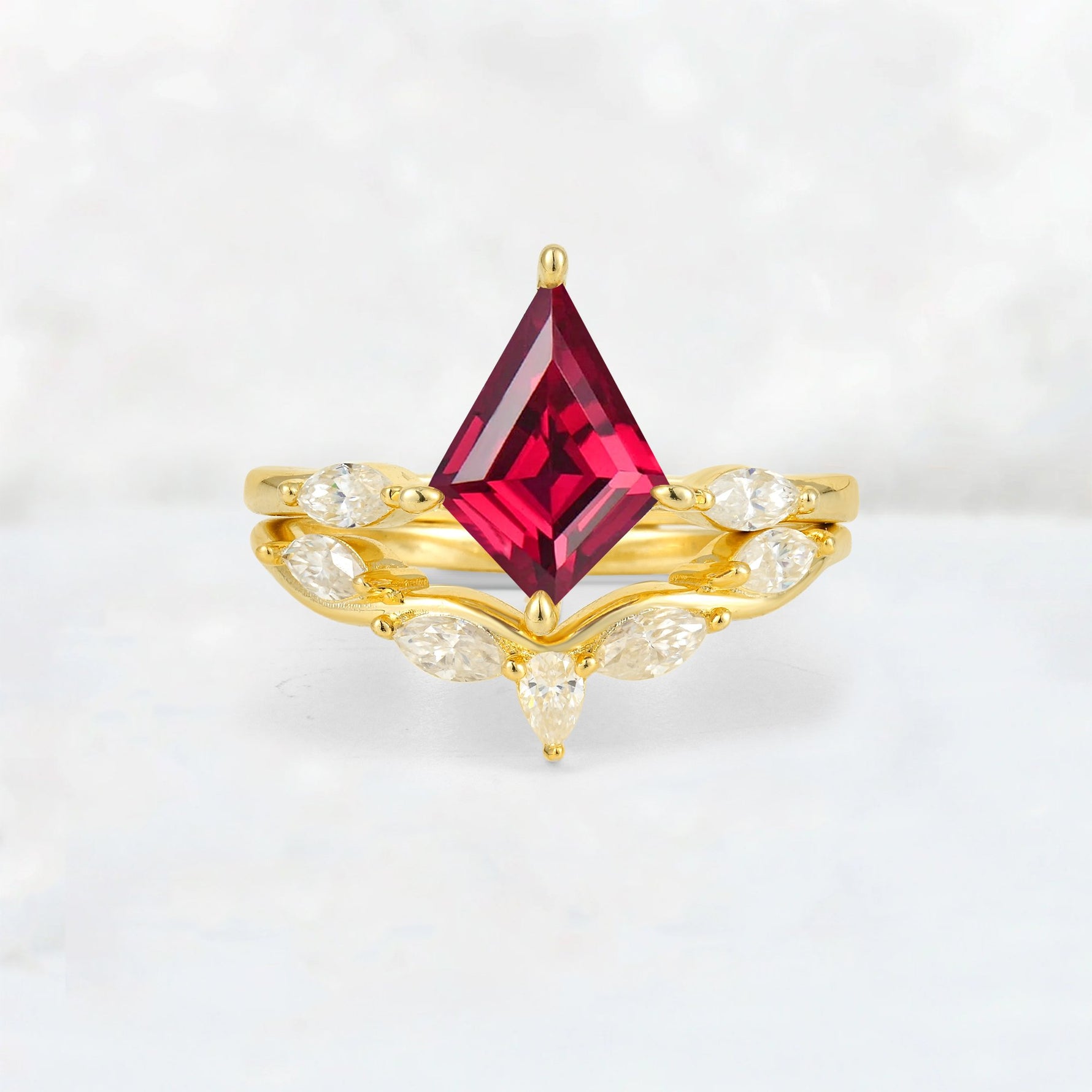 Kite Cut Ruby Leaf Chevron Bridal Ring Set - Yellow-Gold