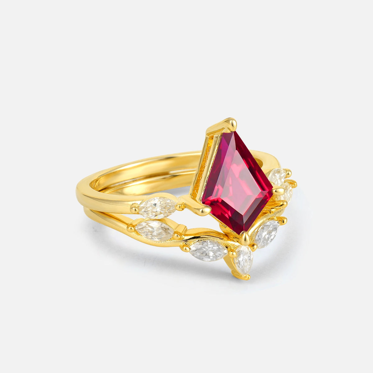 Kite Cut Ruby Leaf Chevron Bridal Ring Set - Rose-Gold