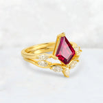 Kite Cut Ruby Leaf Chevron Bridal Ring Set - Rose-Gold