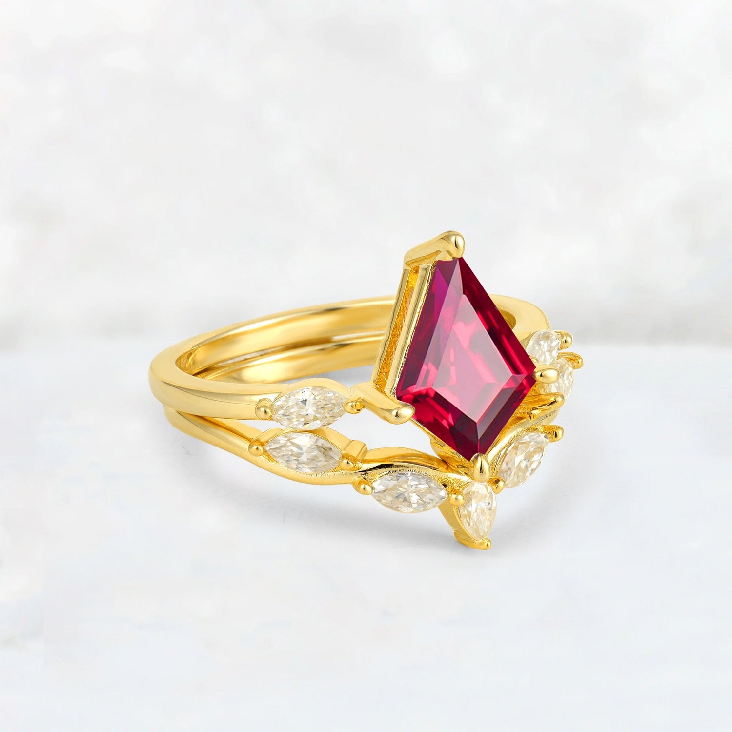 Kite Cut Ruby Leaf Chevron Bridal Ring Set - Rose-Gold