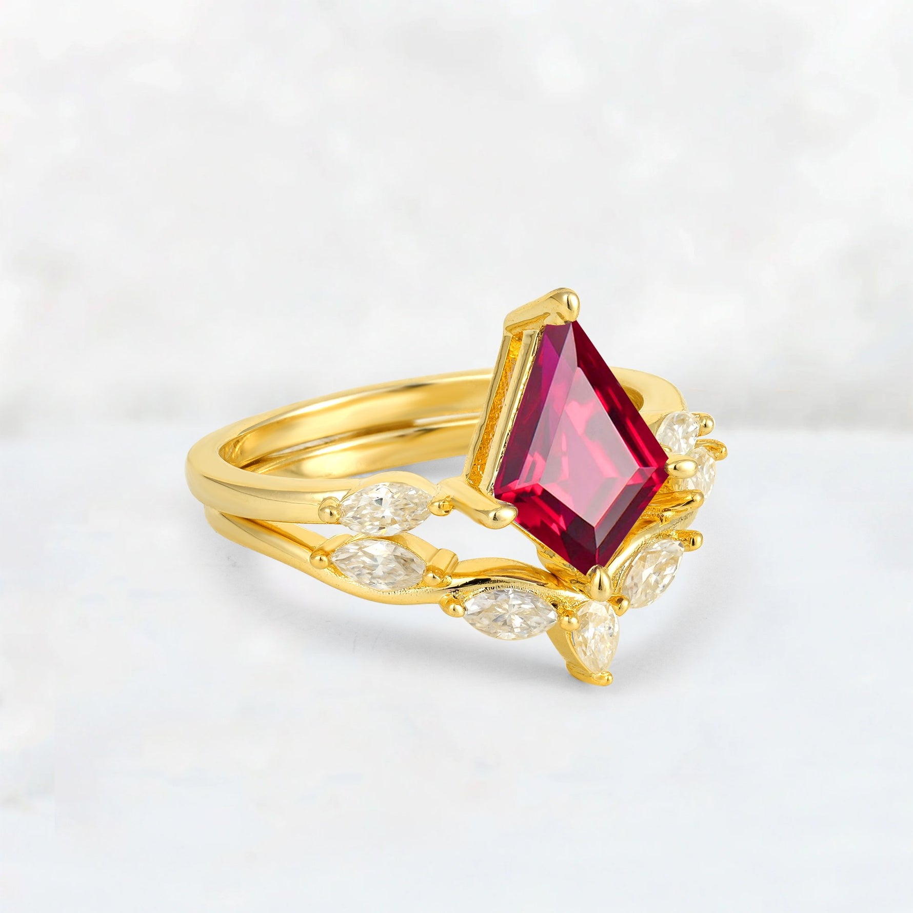 Kite Cut Ruby Leaf Chevron Bridal Ring Set - Rose-Gold