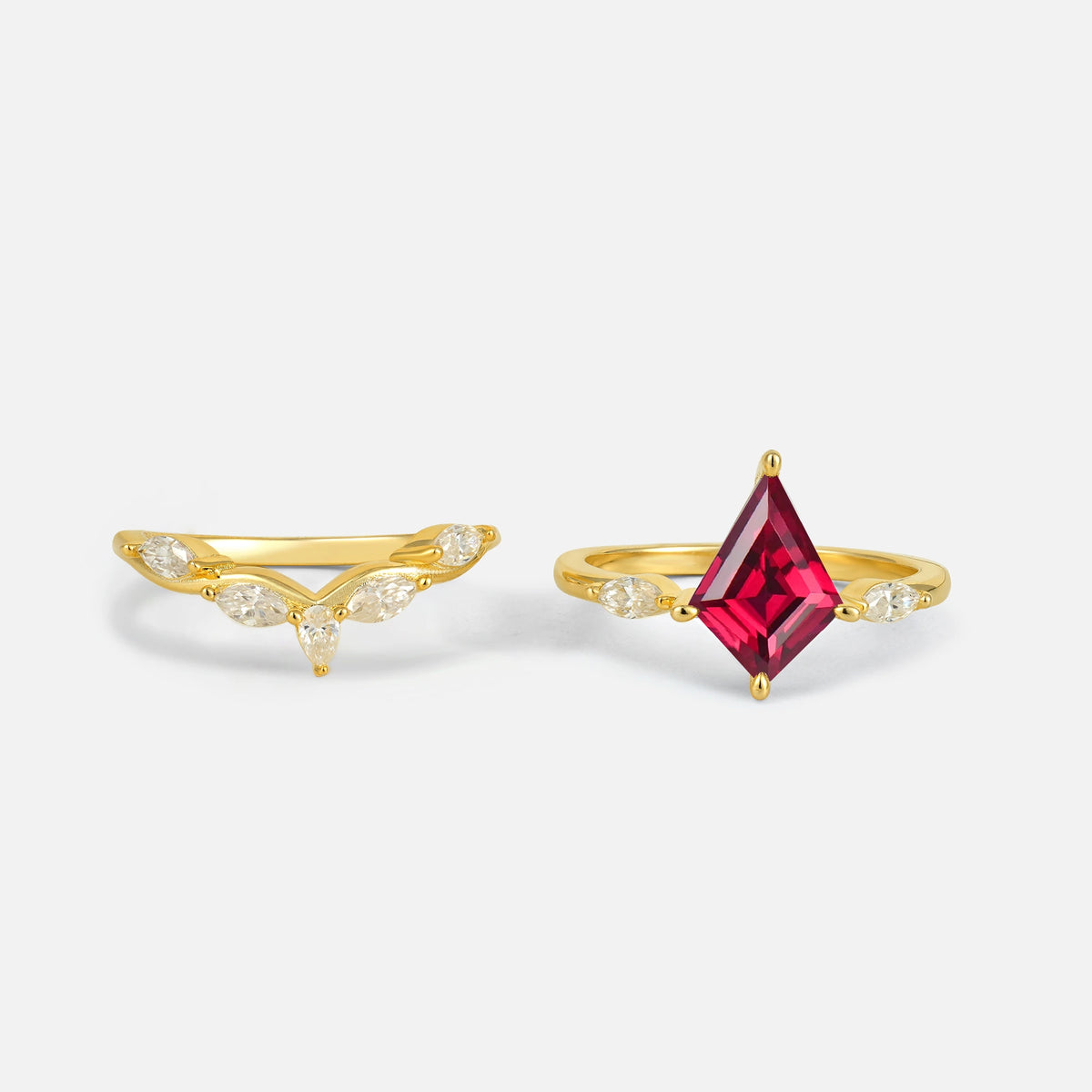 Kite Cut Ruby Leaf Chevron Bridal Ring Set - White-Gold
