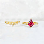 Kite Cut Ruby Leaf Chevron Bridal Ring Set - White-Gold